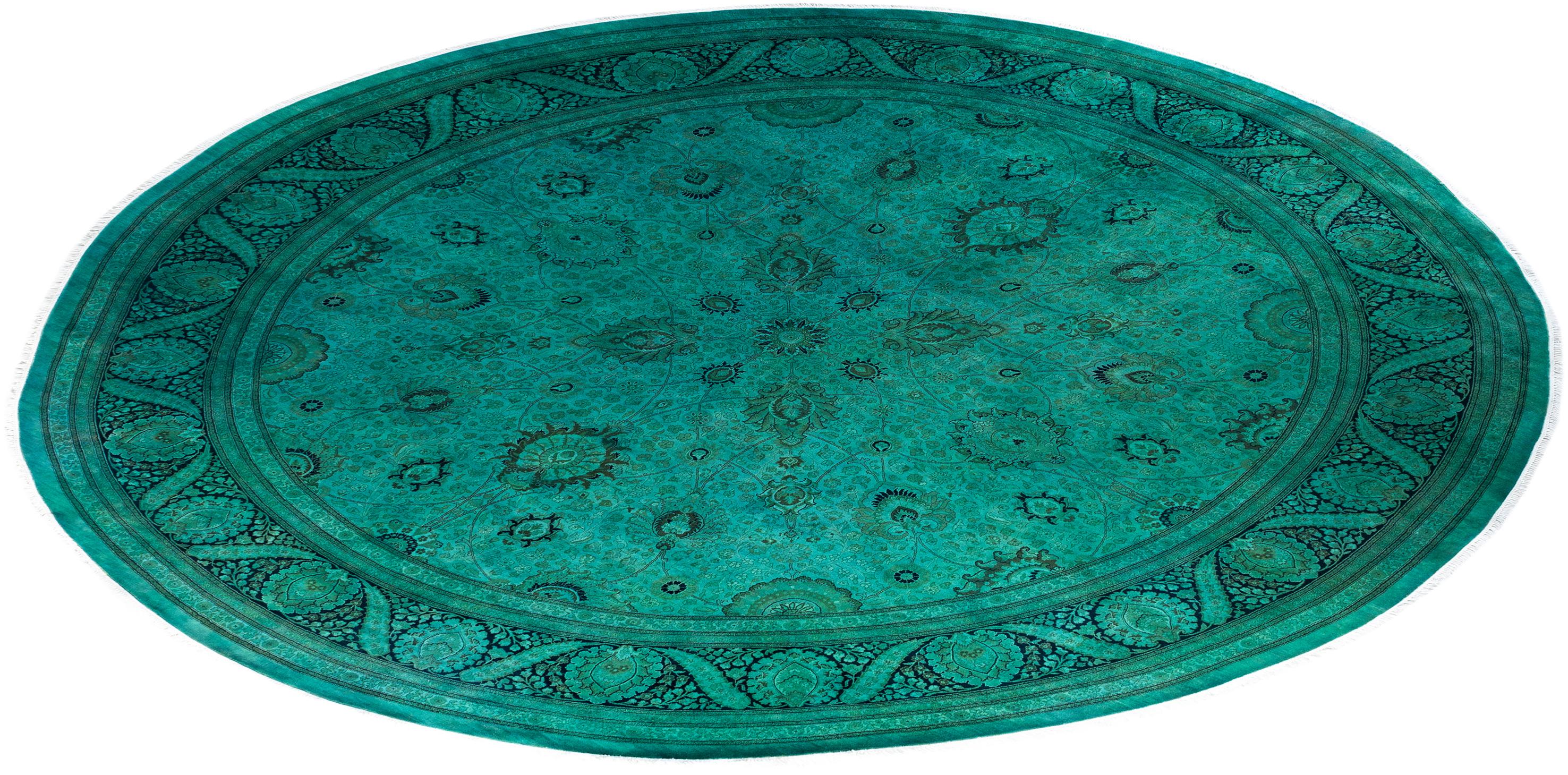 Contemporary Overdyed Hand Knotted Wool Green Round Area Rug 12' 1