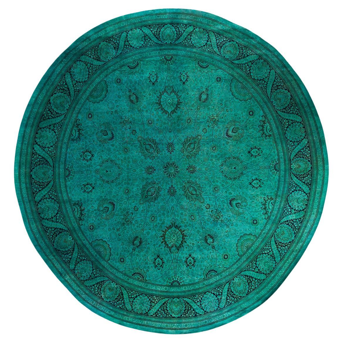 Contemporary Overdyed Hand Knotted Wool Green Round Area Rug 12' 1" x 12' 1" (tapis rond en laine surteintée)