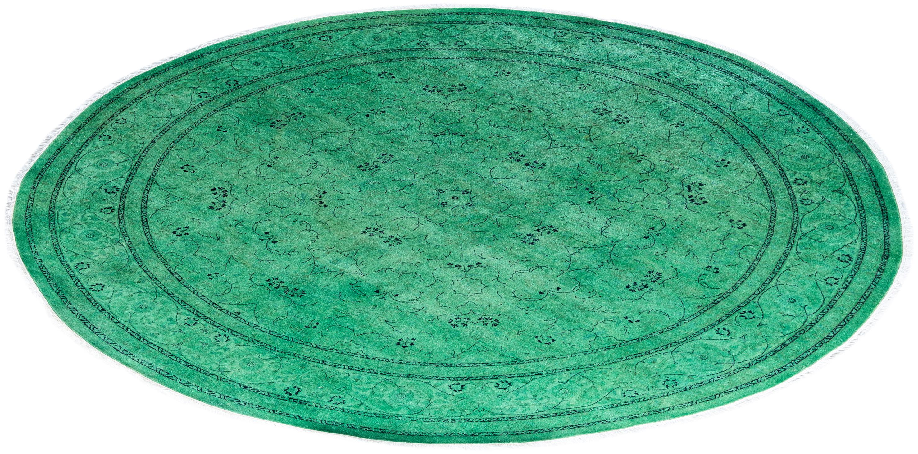 Contemporary Overdyed Hand Knotted Wool Green Round Area Rug 8' 1