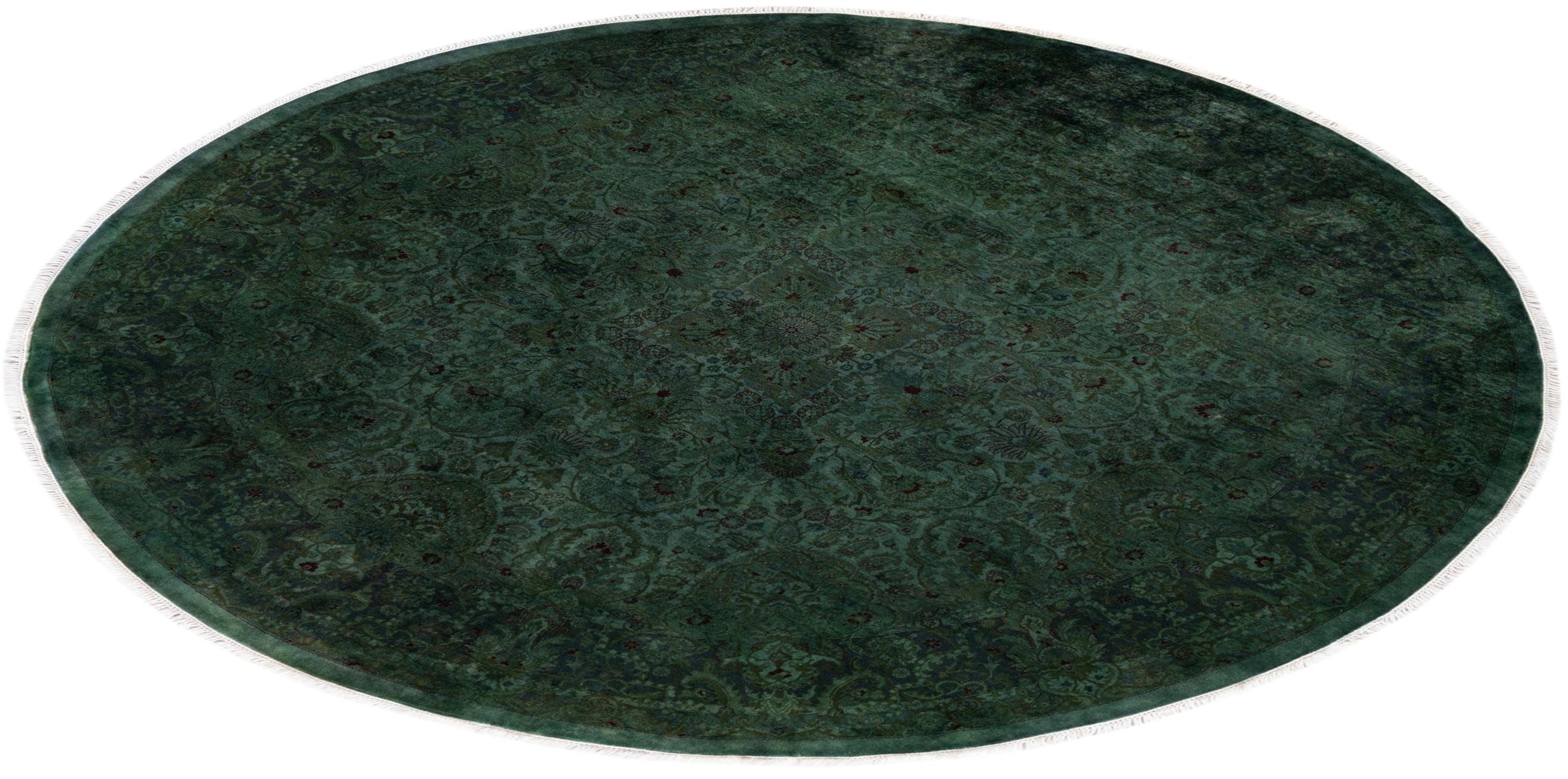 Contemporary Overdyed Hand Knotted Wool Green Round Area Rug For Sale 4