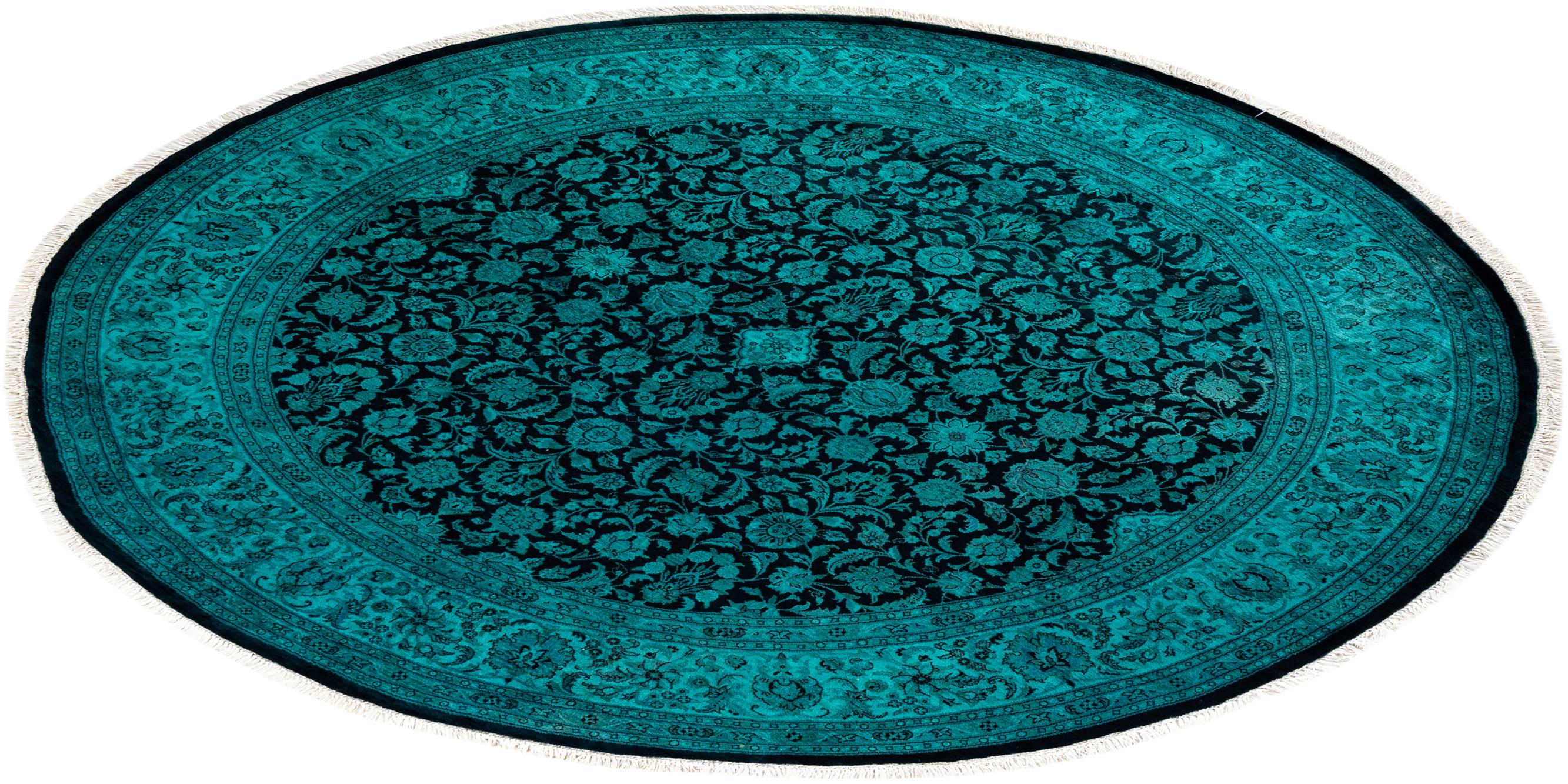 Contemporary Overdyed Hand Knotted Wool Green Round Area Rug im Angebot 2