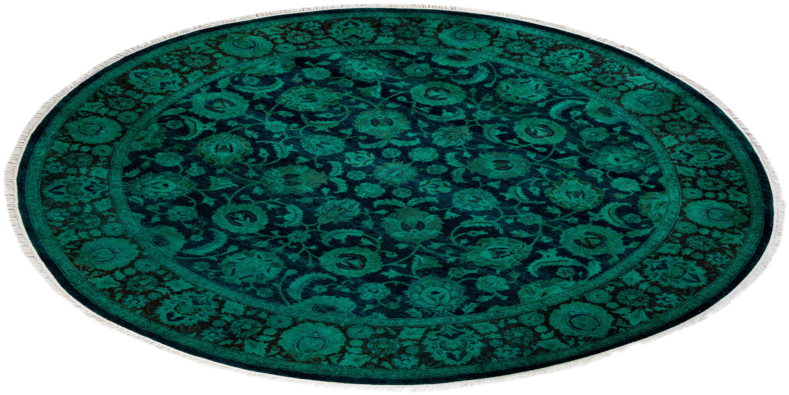 Contemporary Overdyed Hand Knotted Wool Green Round Area Rug For Sale 4