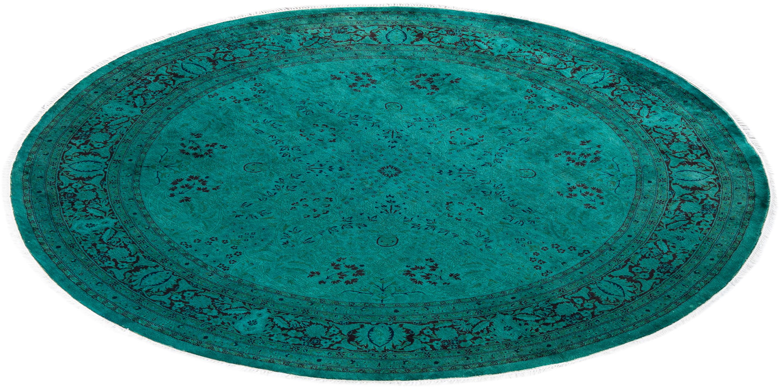 Contemporary Overdyed Hand Knotted Wool Green Round Area Rug For Sale 4