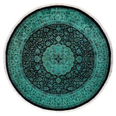 Contemporary Overdyed Hand Knotted Wool Green Round Area Rug