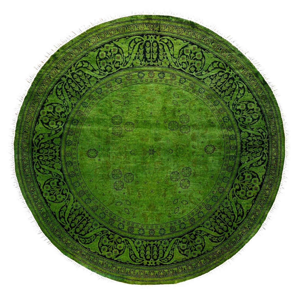 Contemporary Overdyed Hand Knotted Wool Green Round Area Rug