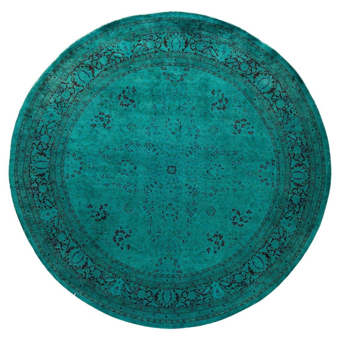 Contemporary Overdyed Hand Knotted Wool Green Round Area Rug For Sale