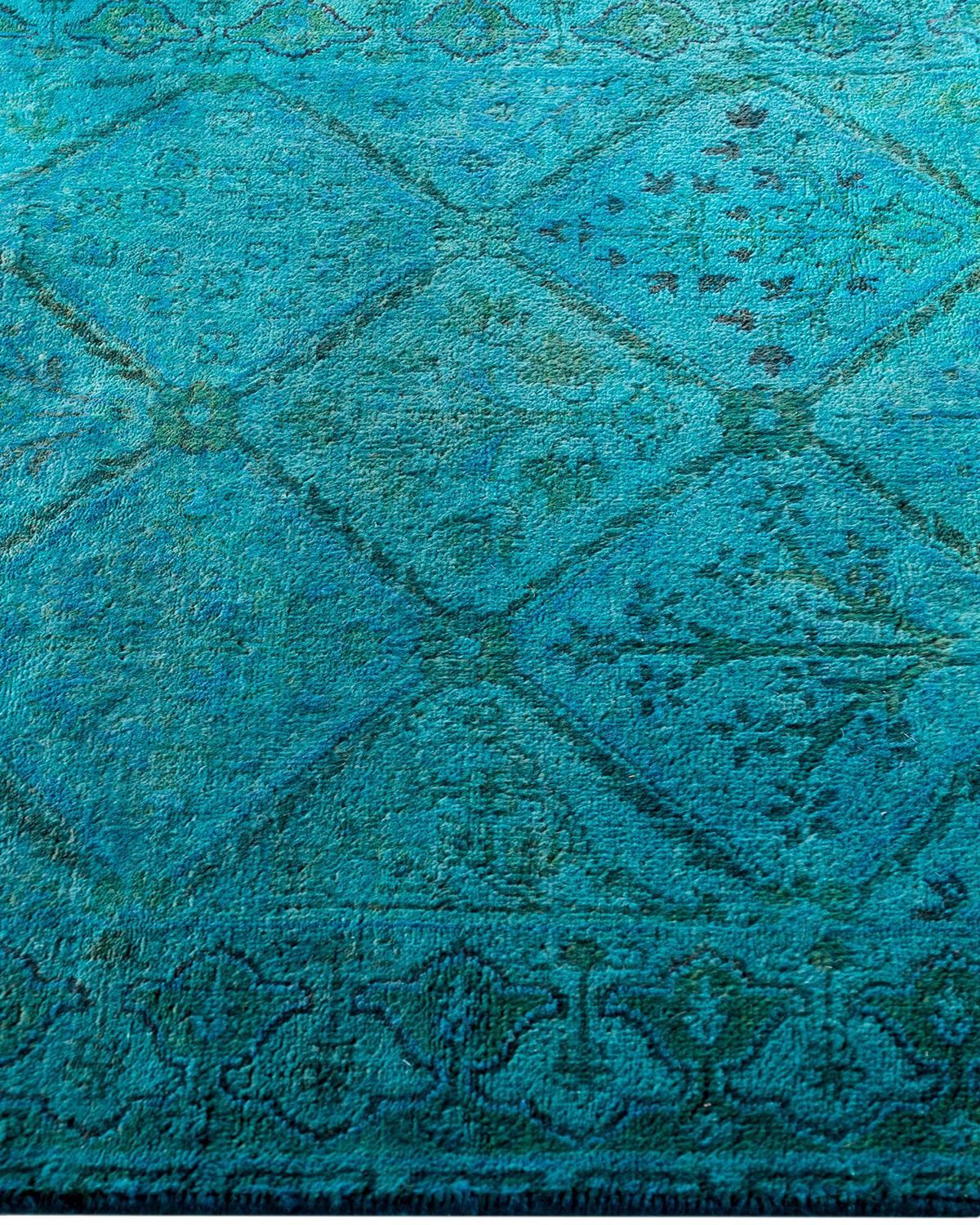 Contemporary Overdyed Hand Knotted Wool Green Runner 2' 7