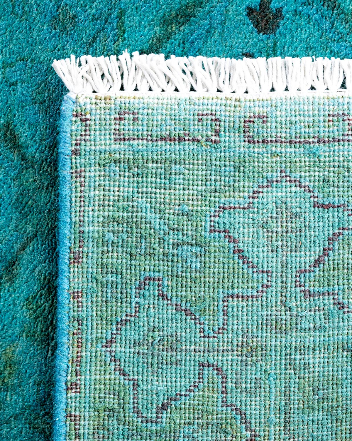 XXI secolo e contemporaneo Contemporary Overdyed Hand Knotted Wool Green Runner 2' 7
