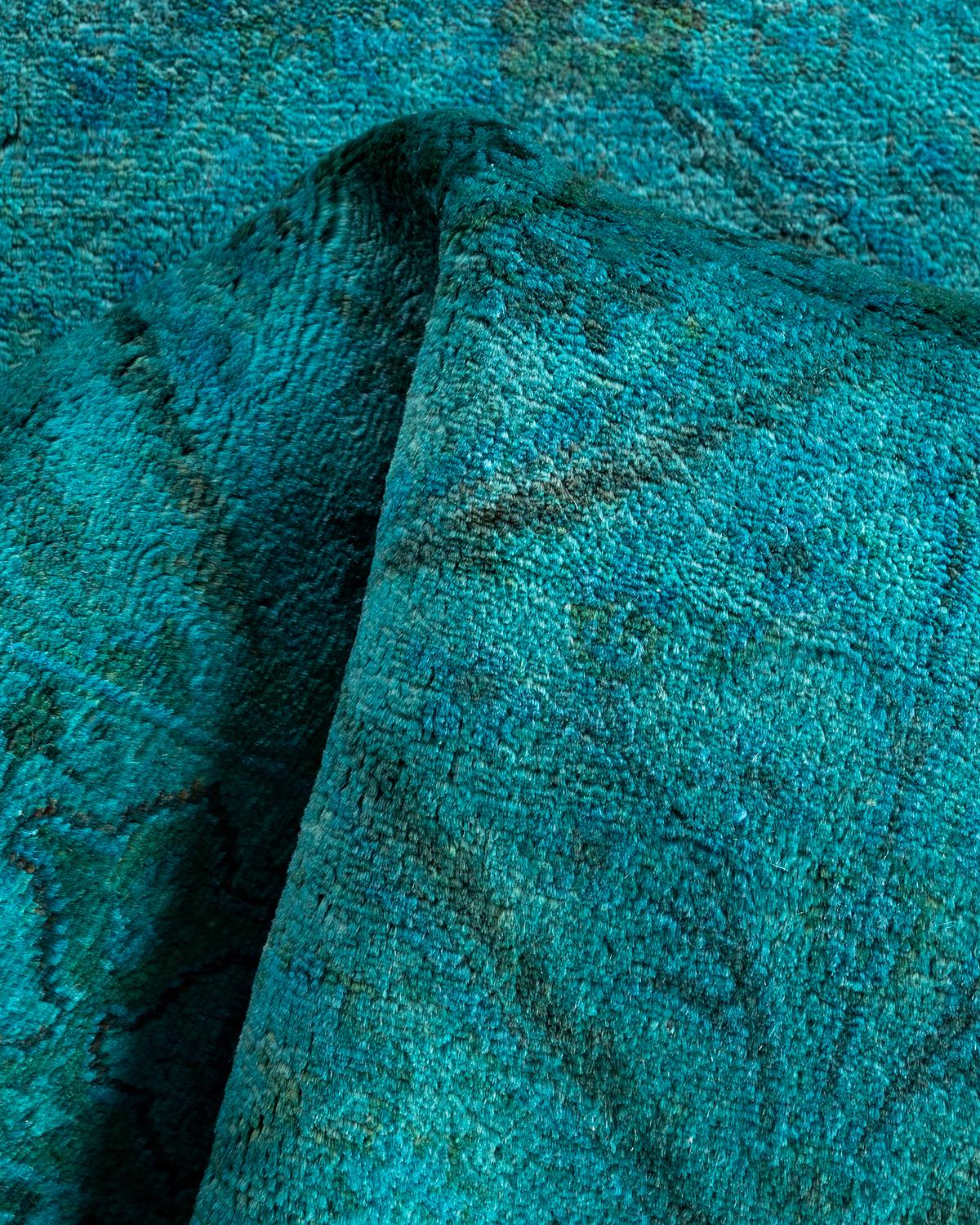 Contemporary Overdyed Hand Knotted Wool Green Runner 2' 7