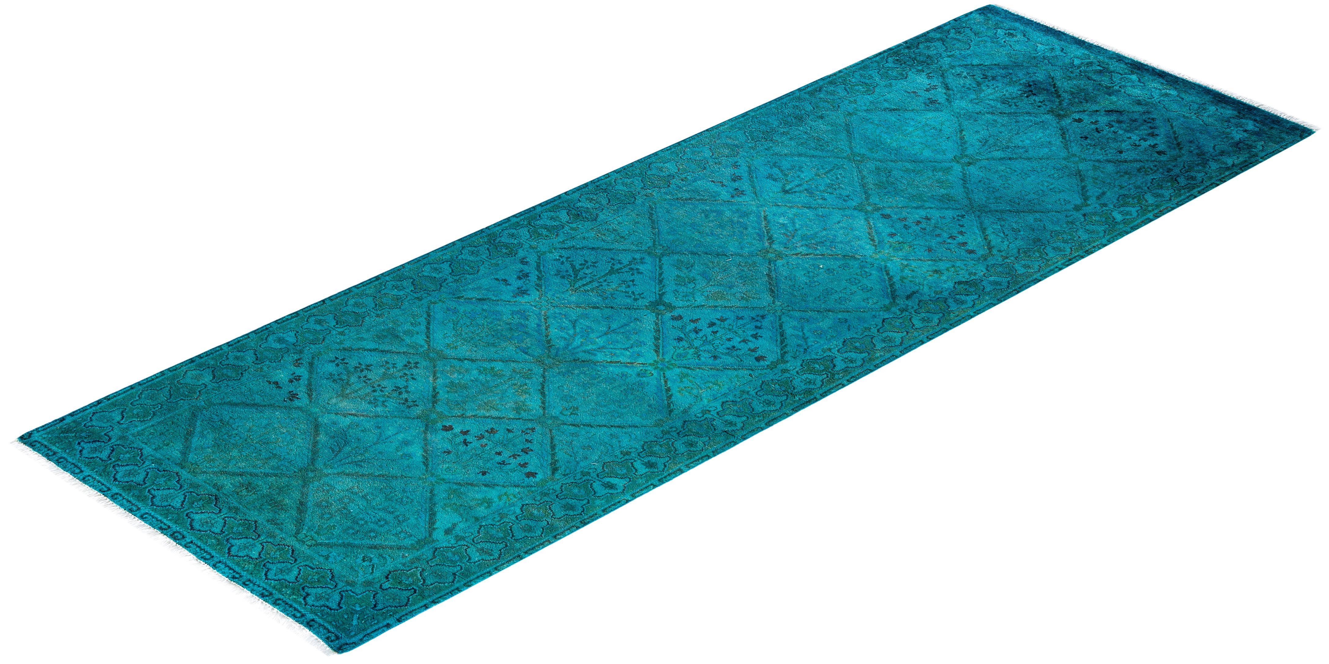 Contemporary Overdyed Hand Knotted Wool Green Runner 2' 7