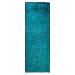Contemporary Overdyed Hand Knotted Wool Green Runner 2' 7" x 7' 4"