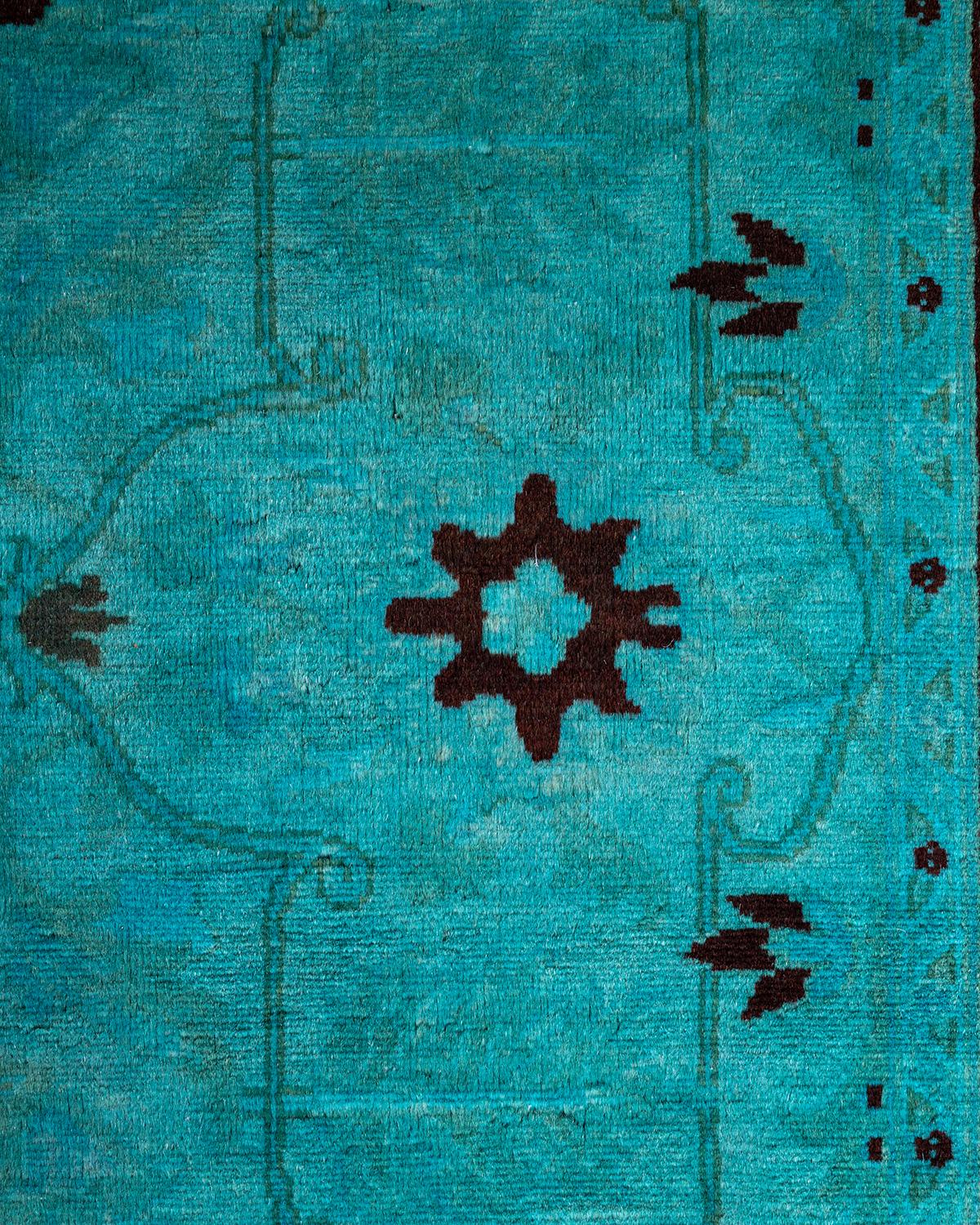 Contemporary Overdyed Hand Knotted Wool Green Runner 2' 8