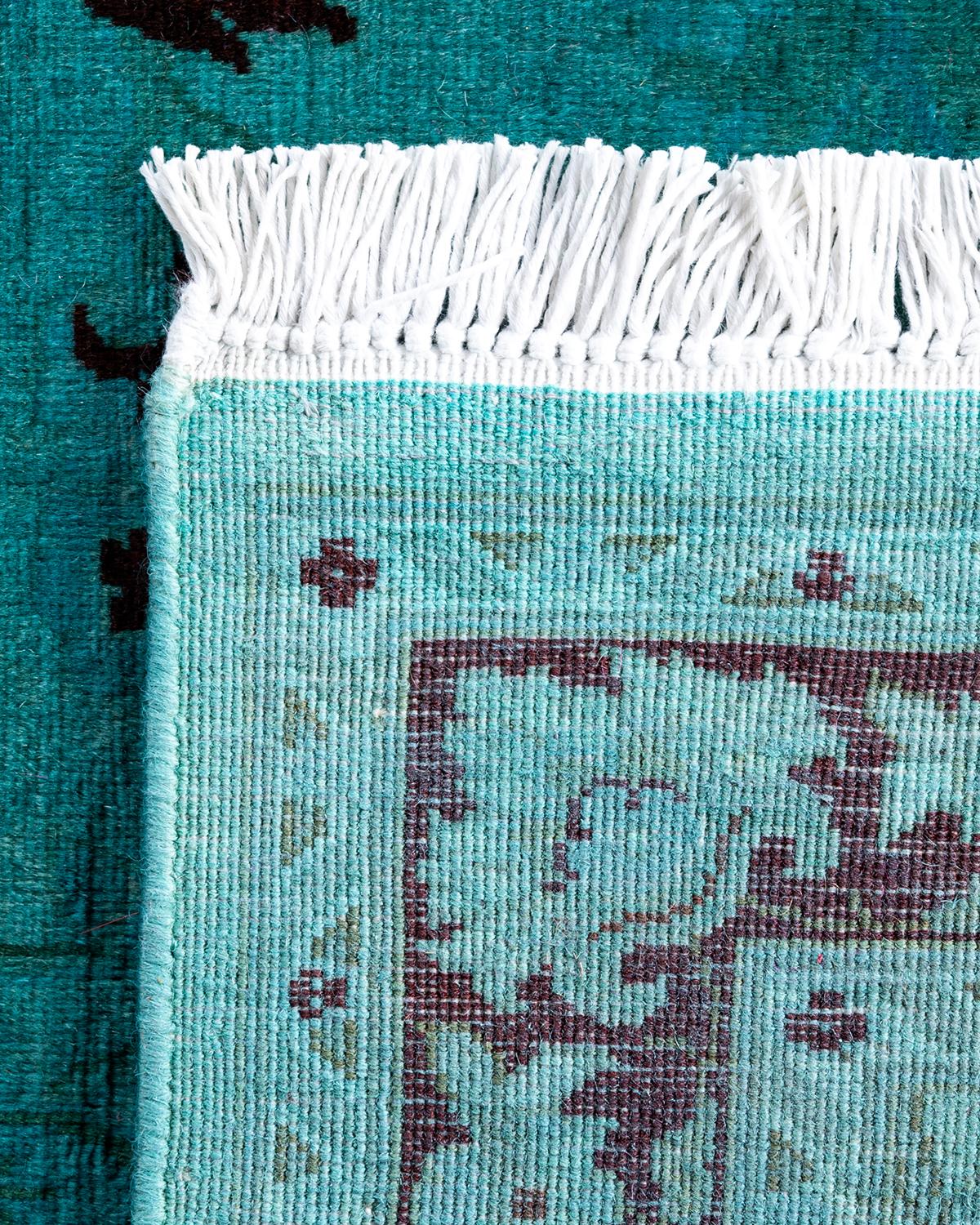 Contemporary Overdyed Hand Knotted Wool Green Runner 2' 8