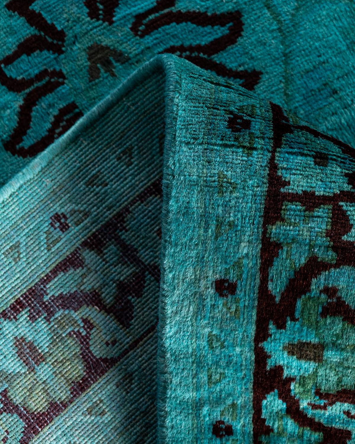 Contemporary Overdyed Hand Knotted Wool Green Runner 2' 8