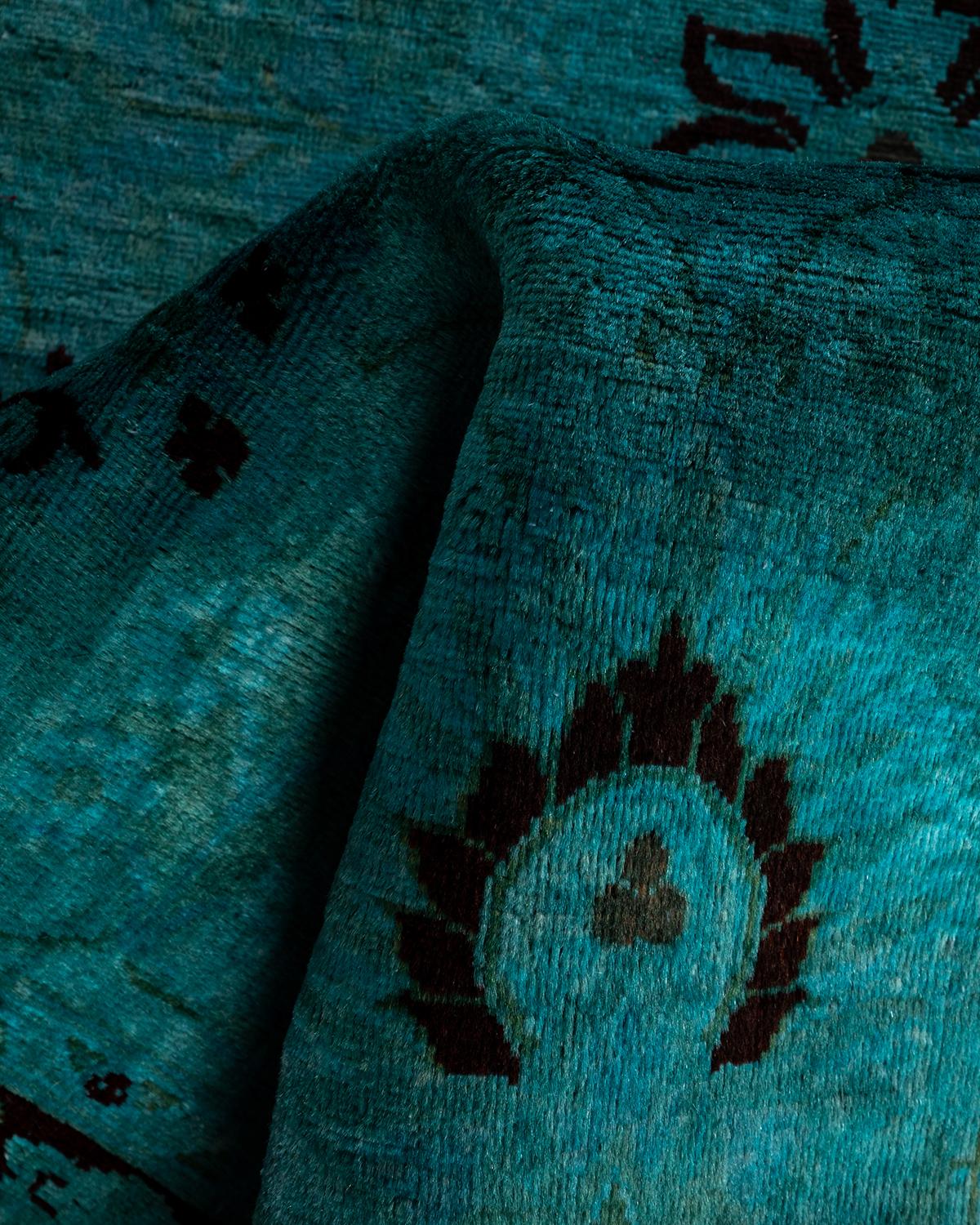 Contemporary Overdyed Hand Knotted Wool Green Runner 2' 8