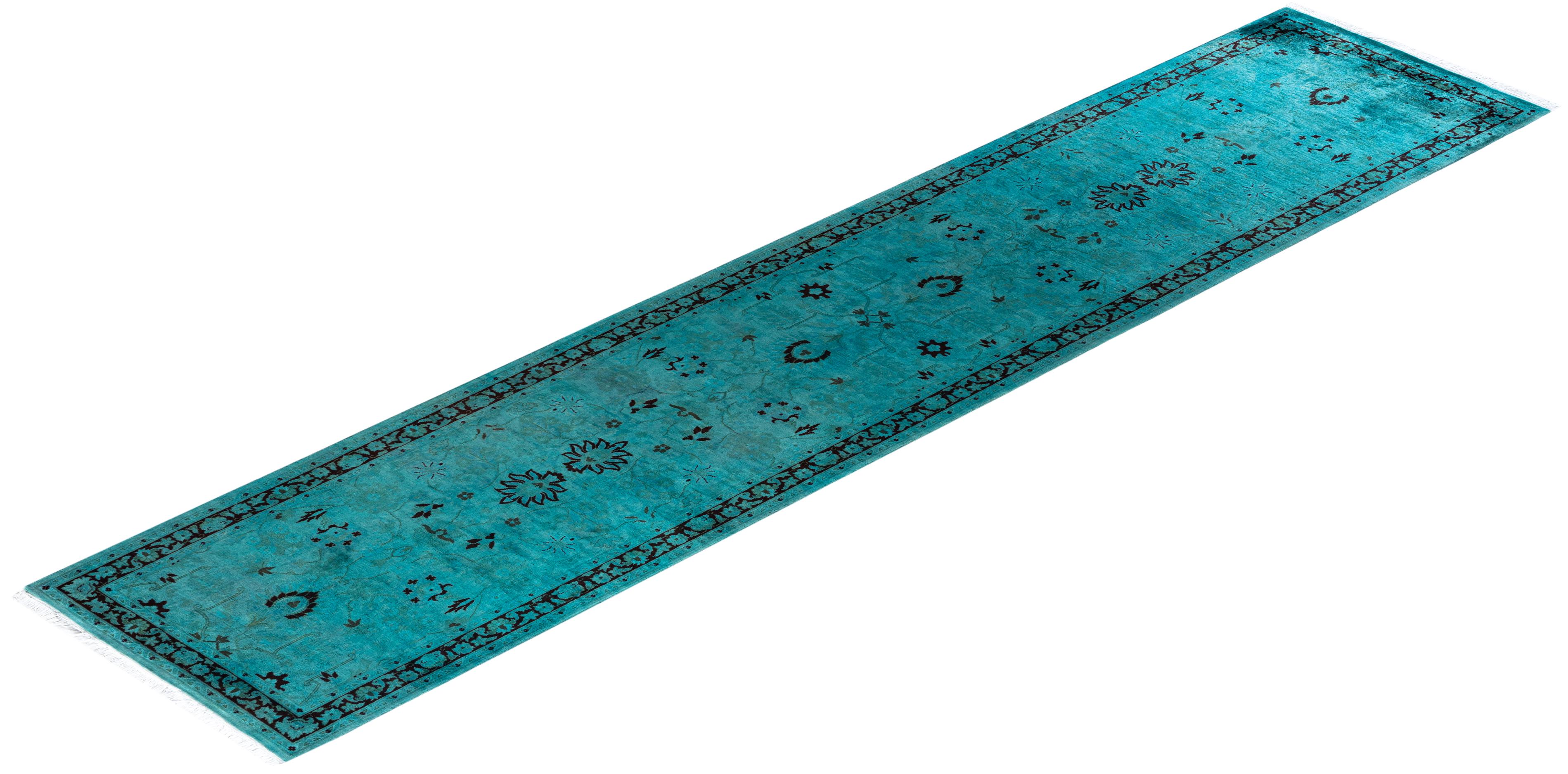 Contemporary Overdyed Hand Knotted Wool Green Runner 2' 8