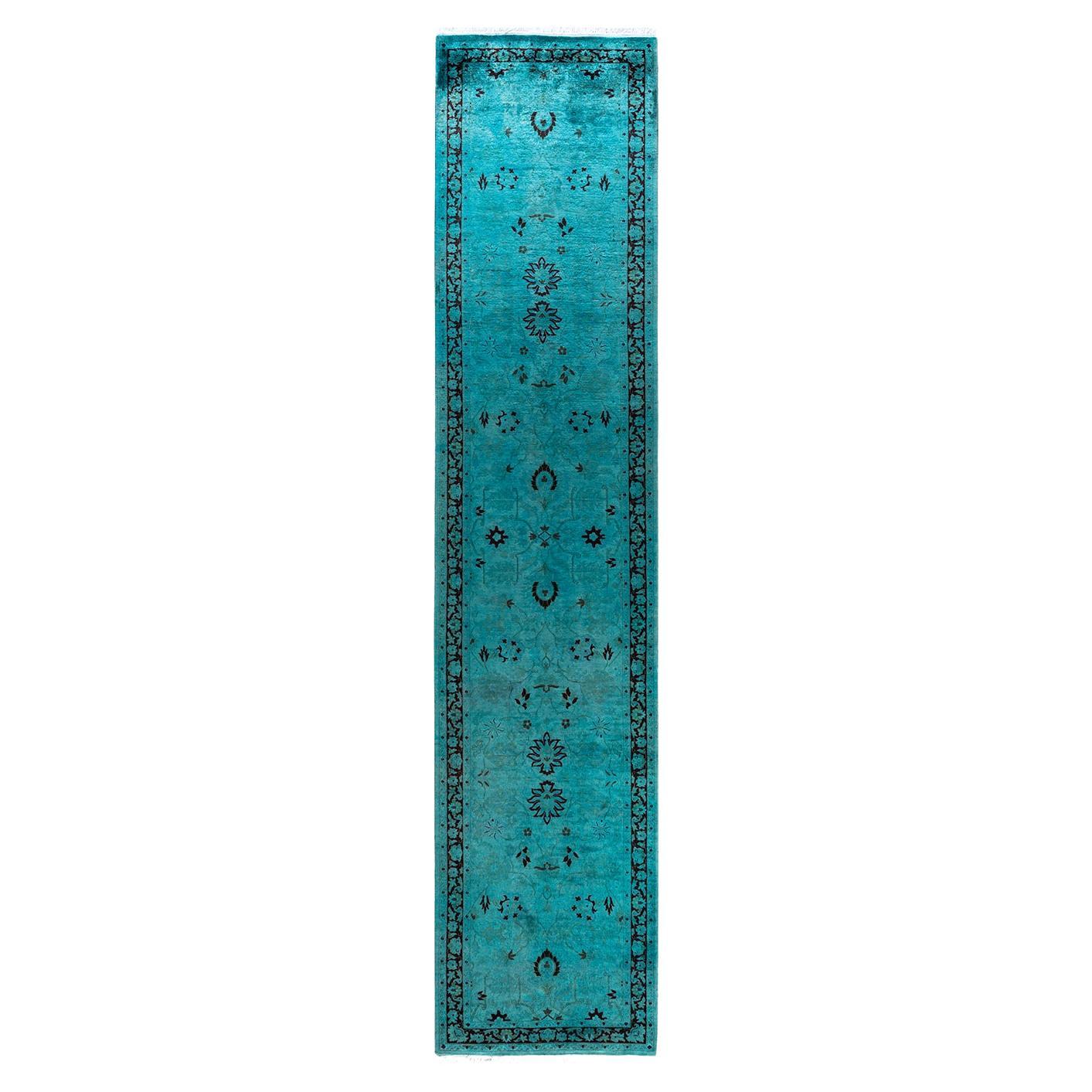 Contemporary Overdyed Hand Knotted Wool Green Runner 2' 8" x 12' 2"