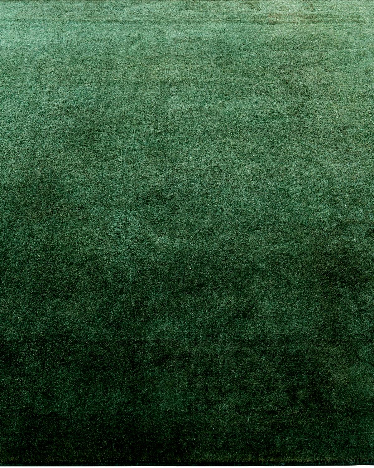 Contemporary Overdyed Hand Knotted Wool Green Runner 5' 1