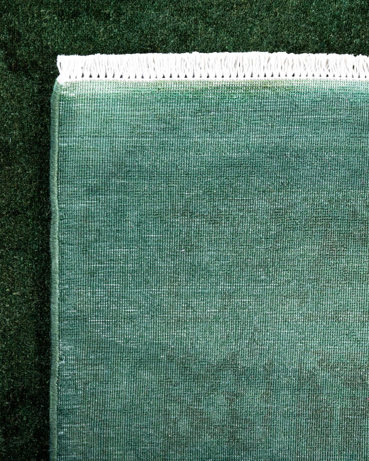 Contemporary Overdyed Hand Knotted Wool Green Runner 5' 1