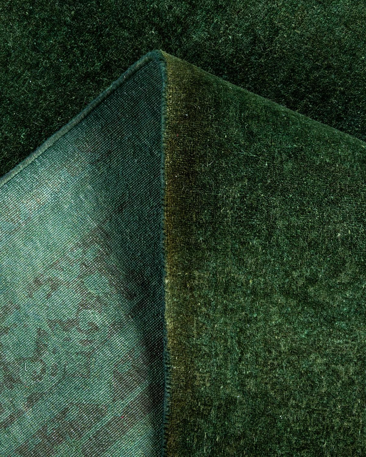 Contemporary Overdyed Hand Knotted Wool Green Runner 5' 1