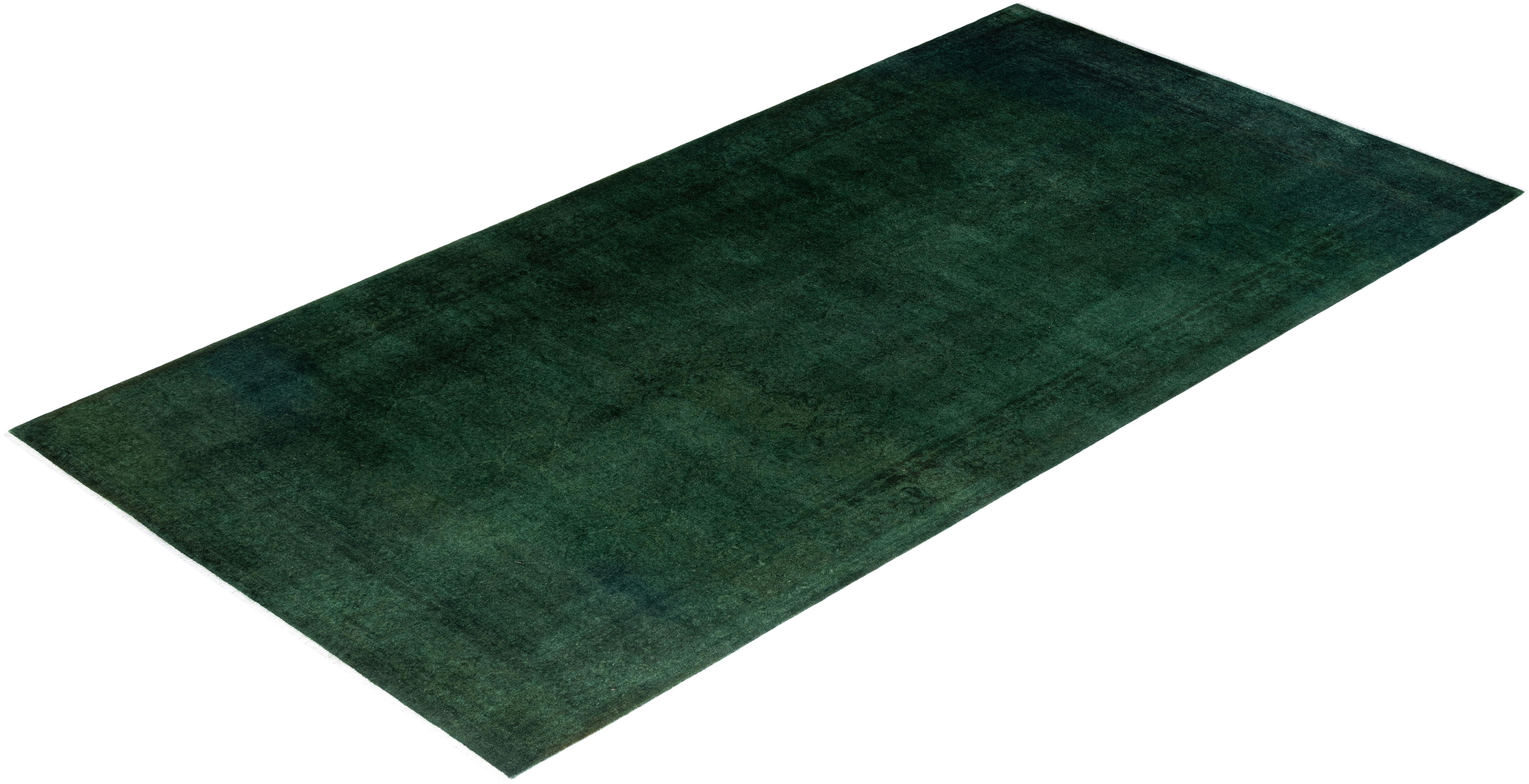 Contemporary Overdyed Hand Knotted Wool Green Runner 5' 1