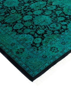 Contemporary Overdyed Hand Knotted Wool Green Runner