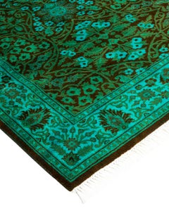 Contemporary Overdyed Hand Knotted Wool Green Runner