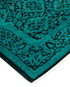 Contemporary Overdyed Hand Knotted Wool Green Runner