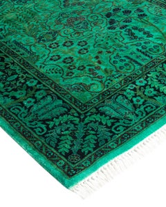 Contemporary Overdyed Hand Knotted Wool Green Runner