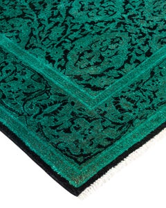 Contemporary Overdyed Hand Knotted Wool Green Runner
