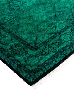 Contemporary Overdyed Hand Knotted Wool Green Runner