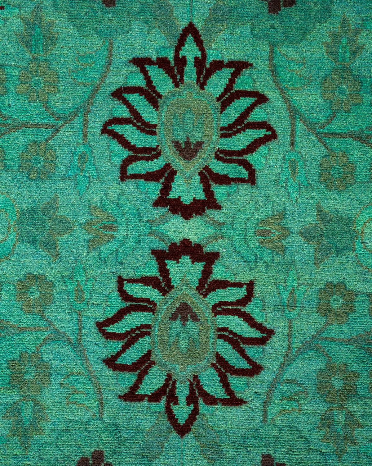 Pakistani Contemporary Overdyed Hand Knotted Wool Green Runner For Sale