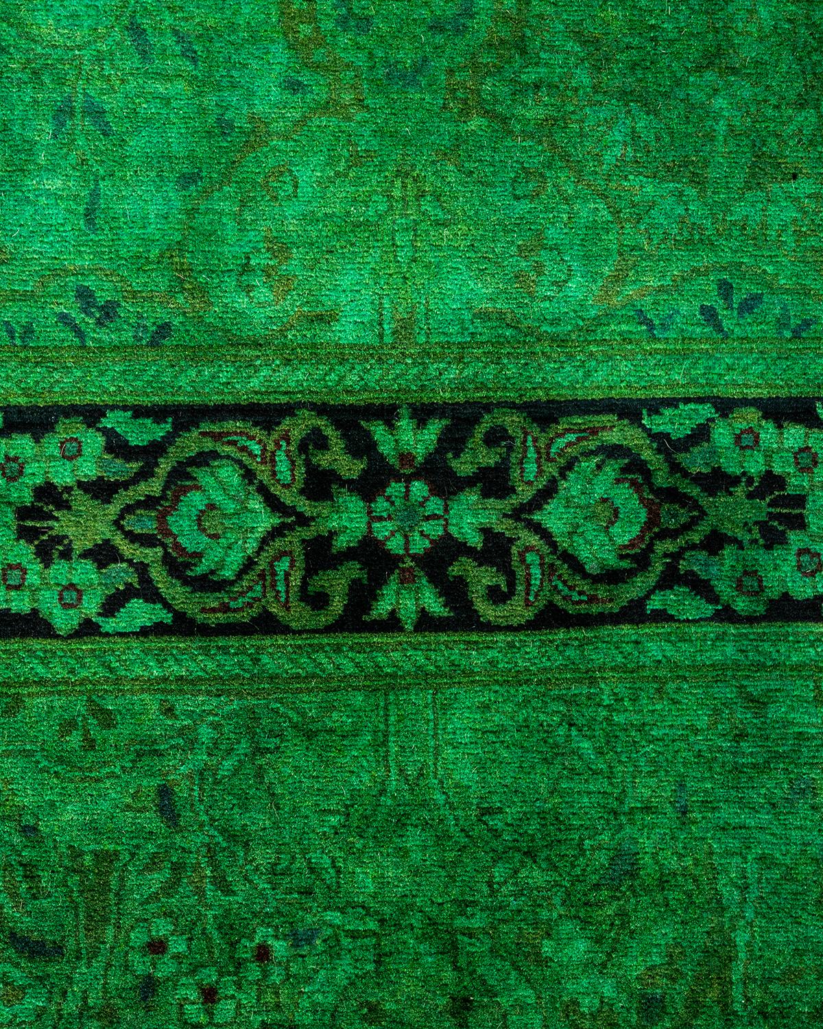 Pakistani Contemporary Overdyed Hand Knotted Wool Green Runner For Sale