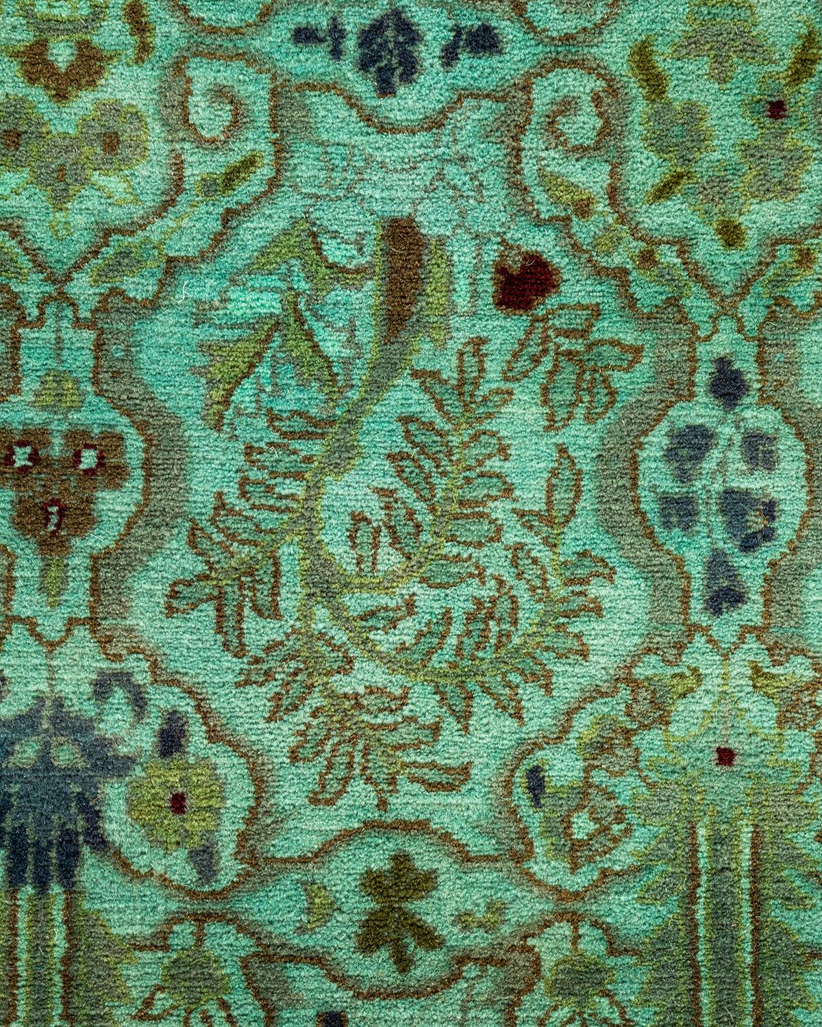 Pakistani Contemporary Overdyed Hand Knotted Wool Green Runner For Sale