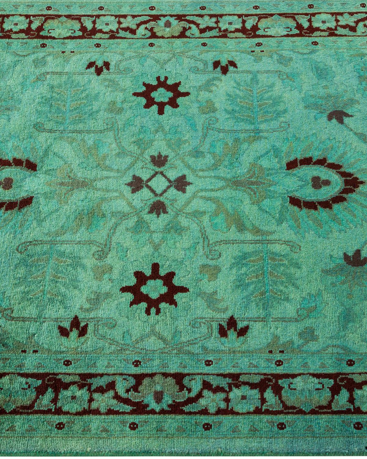 Contemporary Overdyed Hand Knotted Wool Green Runner In New Condition For Sale In Norwalk, CT