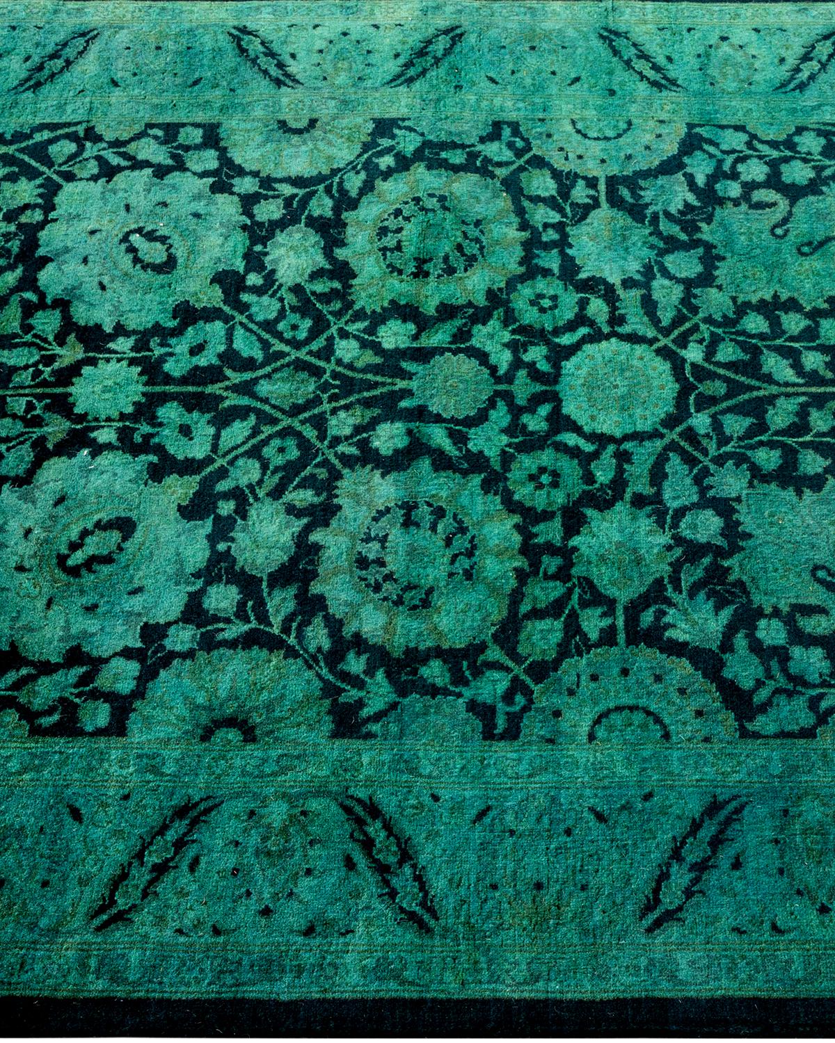 Contemporary Overdyed Hand Knotted Wool Green Runner In New Condition For Sale In Norwalk, CT