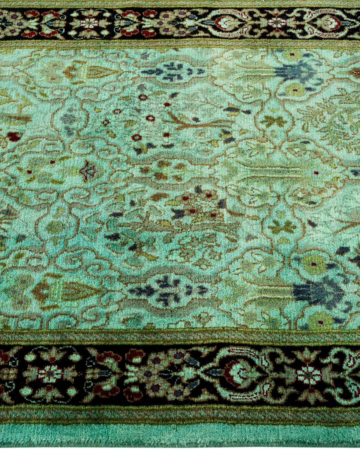 Contemporary Overdyed Hand Knotted Wool Green Runner In New Condition For Sale In Norwalk, CT
