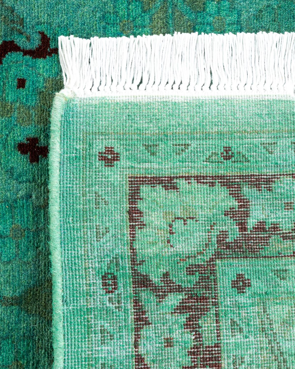 Contemporary Overdyed Hand Knotted Wool Green Runner For Sale 1