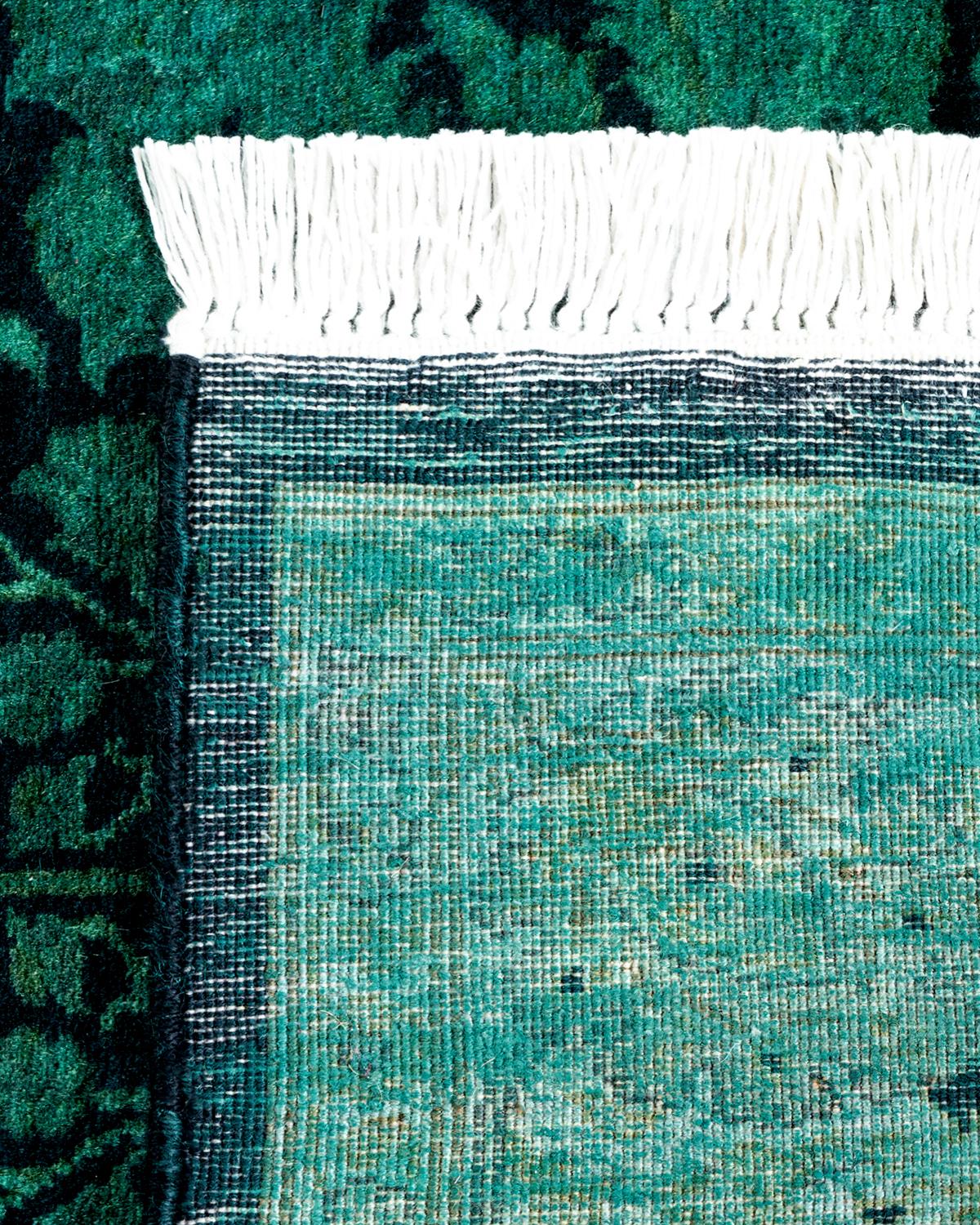 Contemporary Overdyed Hand Knotted Wool Green Runner For Sale 1
