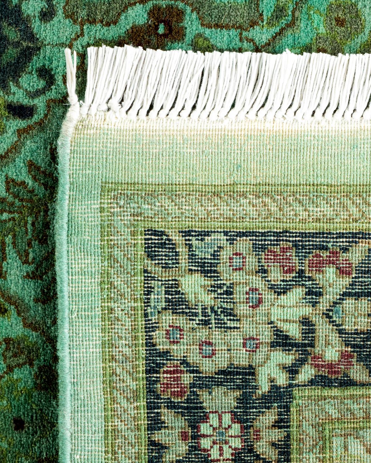 Contemporary Overdyed Hand Knotted Wool Green Runner For Sale 1