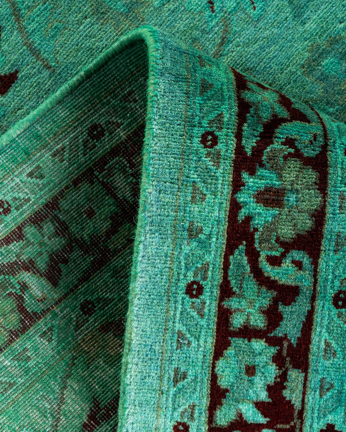 Contemporary Overdyed Hand Knotted Wool Green Runner For Sale 2