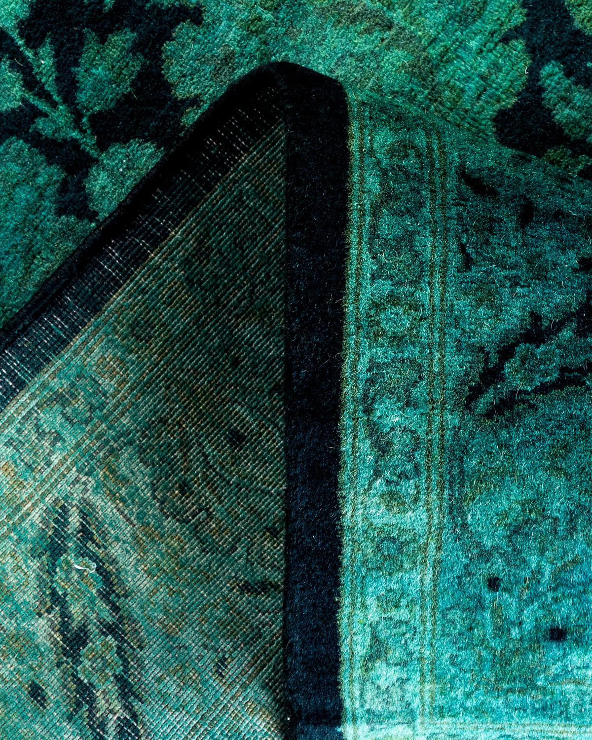 Contemporary Overdyed Hand Knotted Wool Green Runner For Sale 2