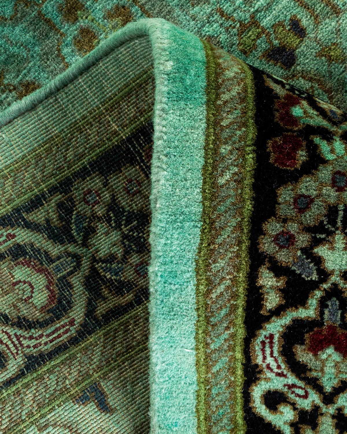 Contemporary Overdyed Hand Knotted Wool Green Runner For Sale 2