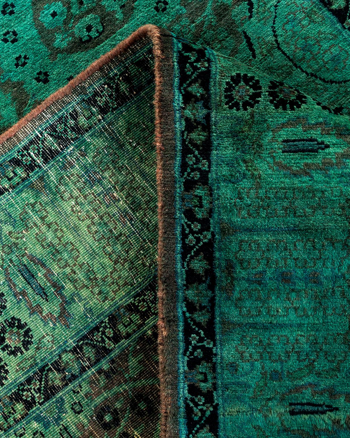 Contemporary Overdyed Hand Knotted Wool Green Runner For Sale 2