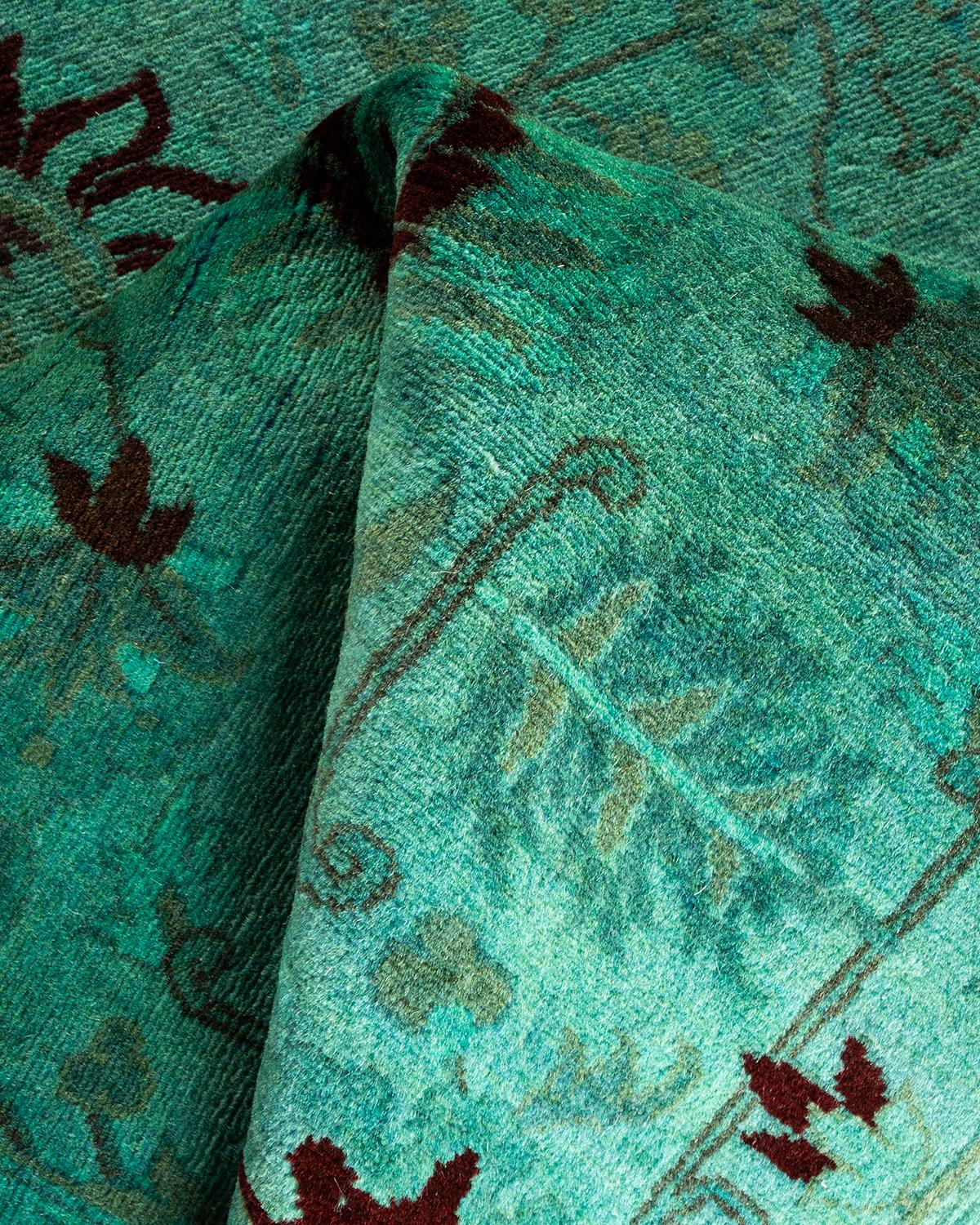 Contemporary Overdyed Hand Knotted Wool Green Runner For Sale 3