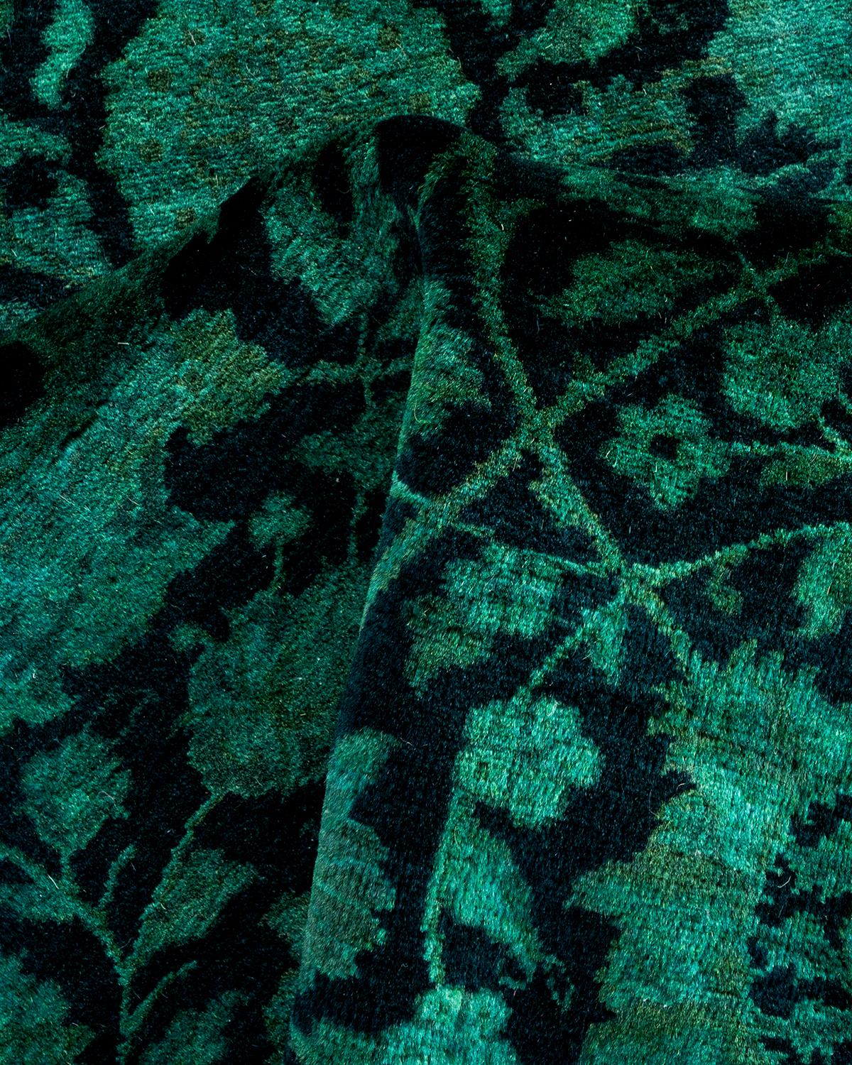 Contemporary Overdyed Hand Knotted Wool Green Runner For Sale 3