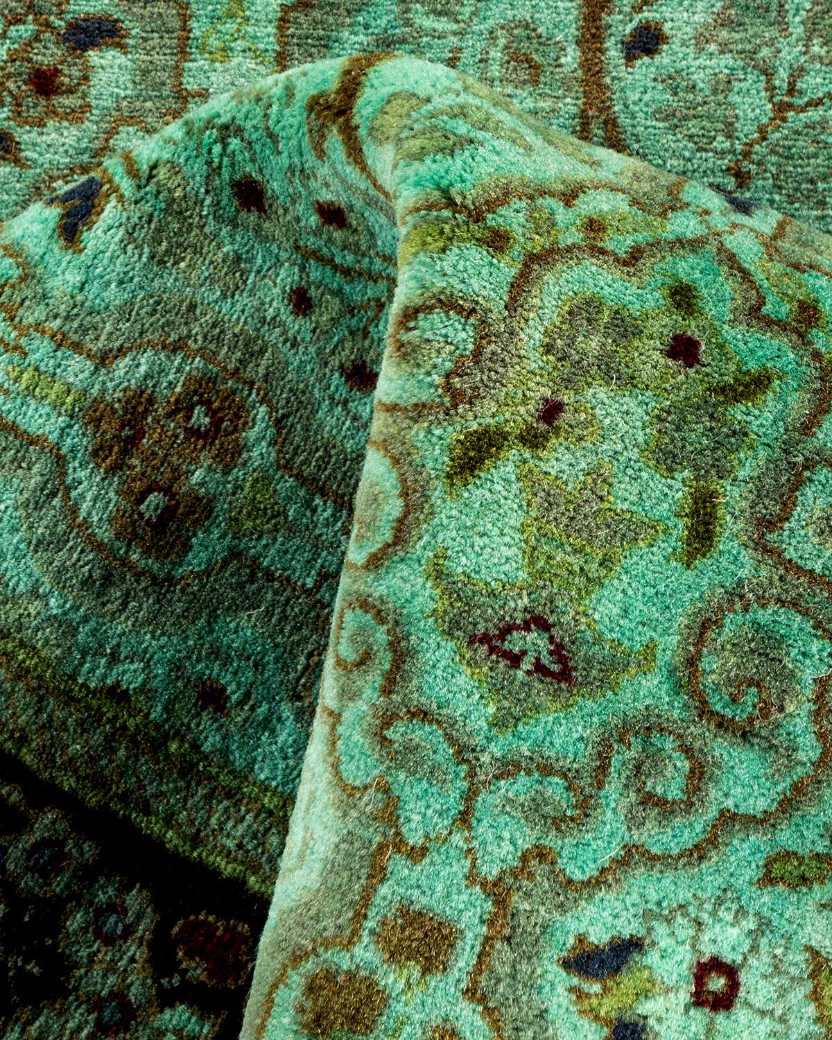Contemporary Overdyed Hand Knotted Wool Green Runner For Sale 3