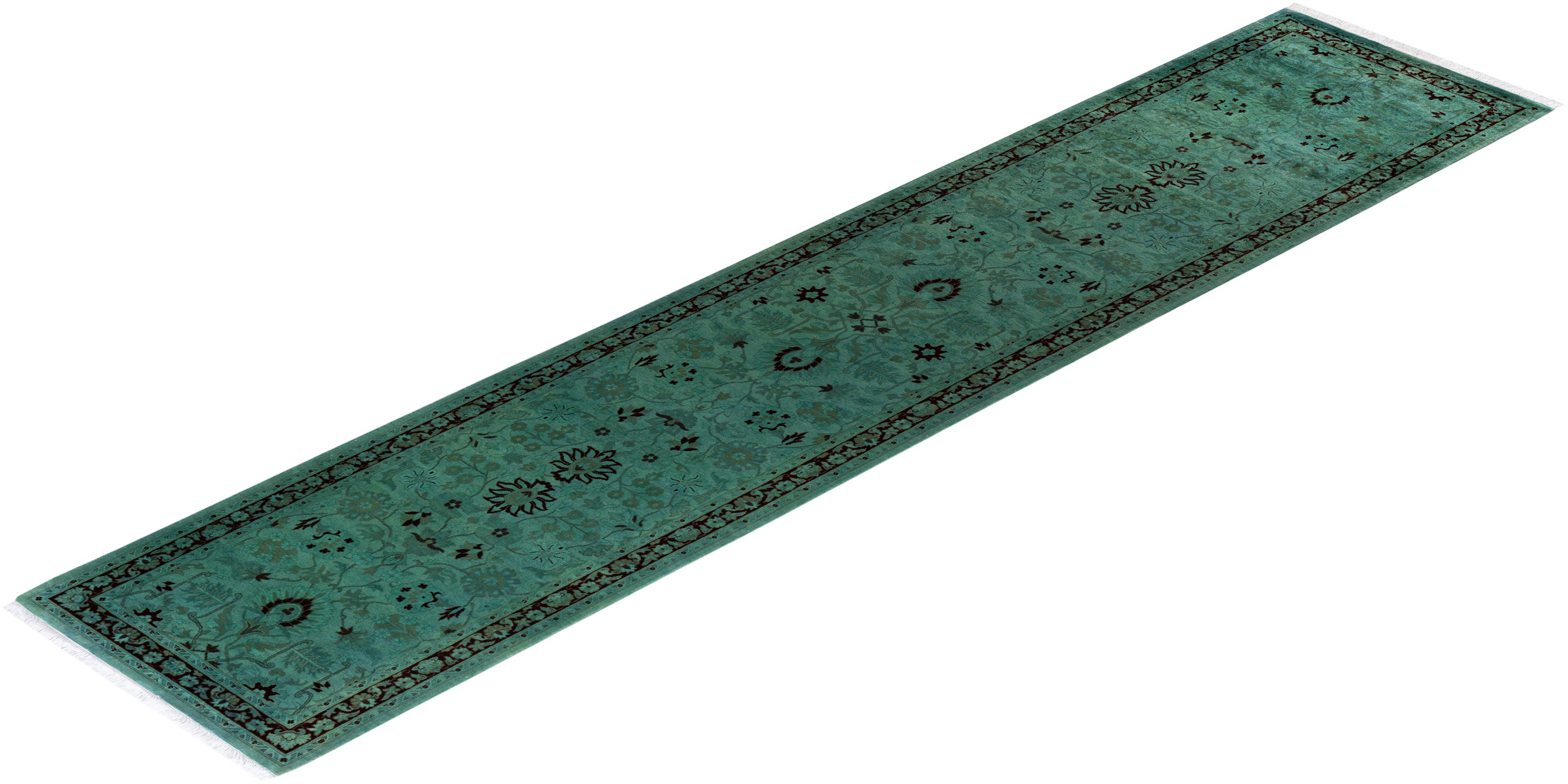 Contemporary Overdyed Hand Knotted Wool Green Runner For Sale 4