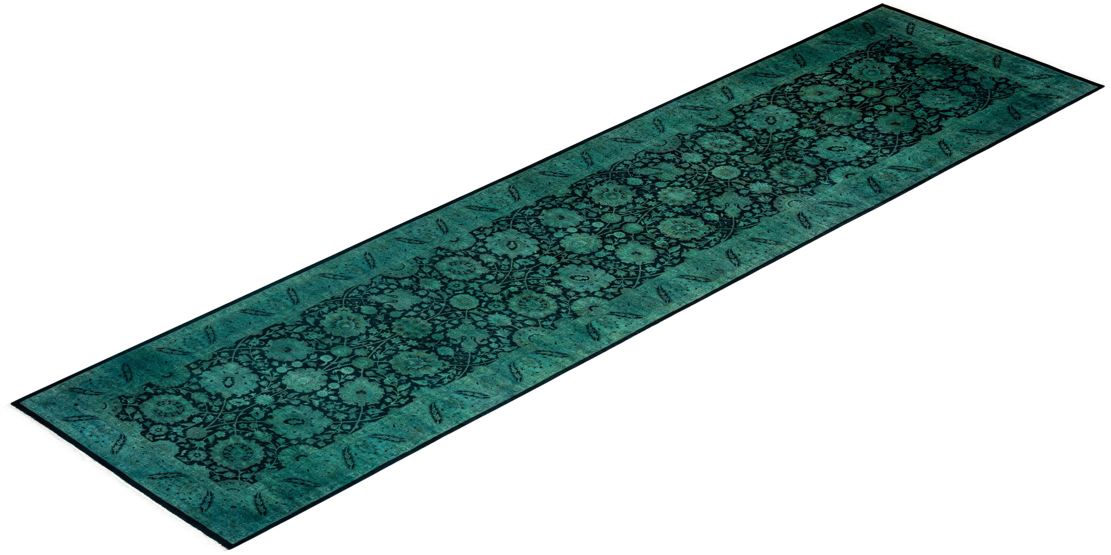 Contemporary Overdyed Hand Knotted Wool Green Runner For Sale 4