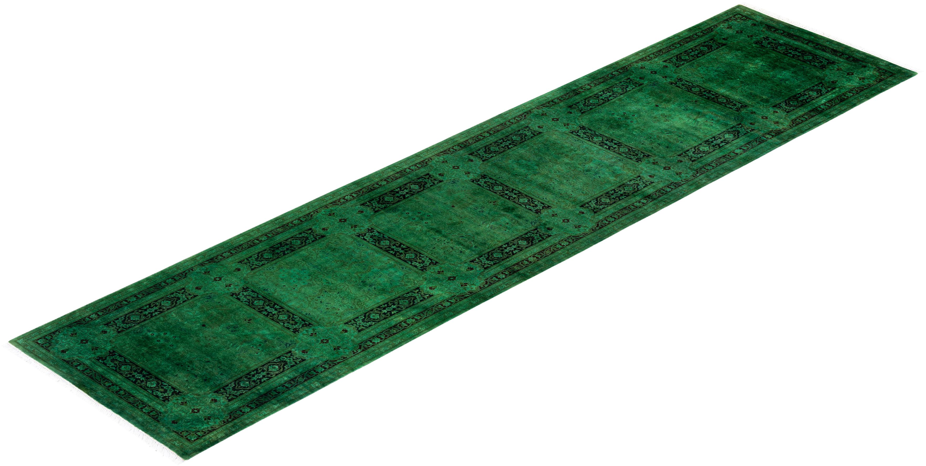 Contemporary Overdyed Hand Knotted Wool Green Runner For Sale 4